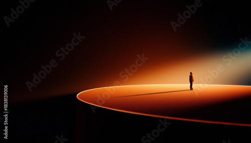 Modern composition. Man on circular glowing stage in warm minimal scene. Concept of leadership, future digital design, finance strategy metaphors, AI creativity, immersive editorial storytelling.