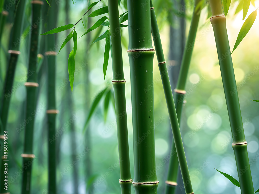 Fototapeta premium Close-Up of Fresh Green Bamboo Stems and Leaves