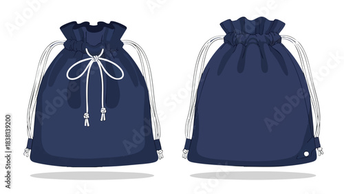 Navy drawstring bag vector mockup template for school supplies or casual storage featuring a simple design and minimalist aesthetic