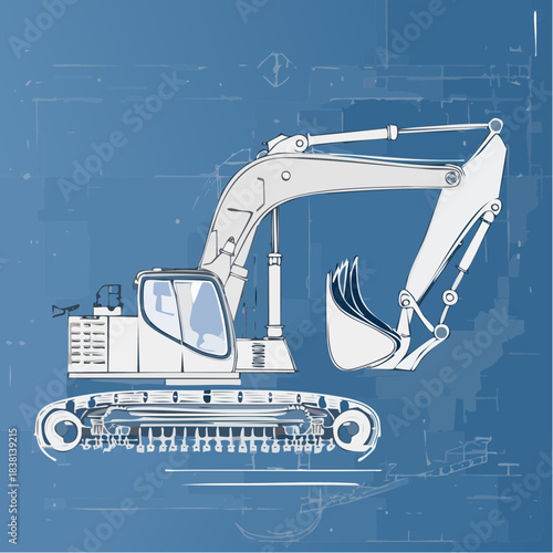 Detailed technical blueprint illustration of a modern hydraulic excavator, showcasing its heavy construction machinery design on a vibrant blue engineering background