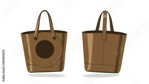 Stylized depiction of two brown tote bags showcasing design and construction details with minimalist artistic techniques isolated on white backdrop