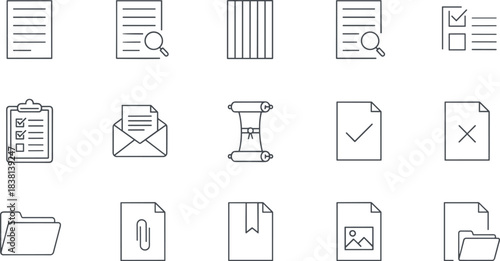 Document and file icons set, checklist, search paper, approved form, rejected file, folder storage, envelope message, attachment, certificate illustration