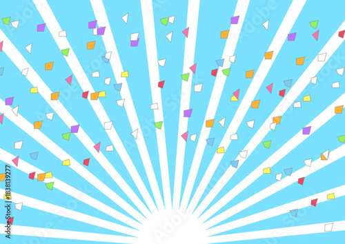 水色の集中線　サンバーストとカラフルな紙吹雪の背景素材