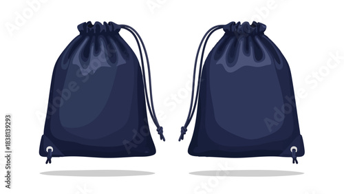 Two Symmetrical Blue Drawstring Bags on White Background, Displaying Depth and Texture with Delicate Shading and Subtle Shadows creating a three