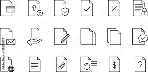Document file line icons set, secure paper, upload download, edit approve reject, global file, payment file, search paper illustration
