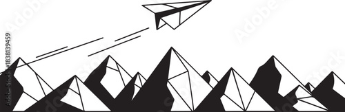 Paper airplane flying over mountain range mountains