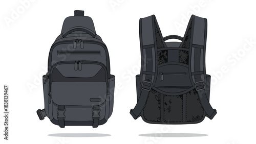 Detailed vector illustration showcasing a stylish dark gray backpack from front and back views on a white background