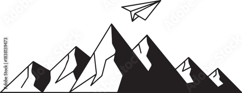 Paper airplane flying over mountain range mountains