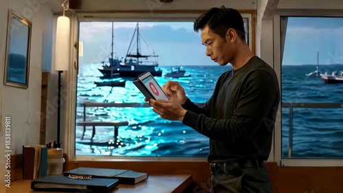 Young Man Using Digital Tablet Inside Boat Cabin with Scenic Ocean View.