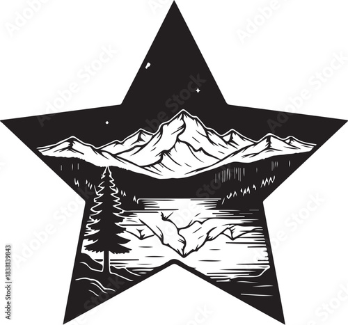 Star shape silhouette with mountain lake and pine tree scene Keywords: star, silhouette