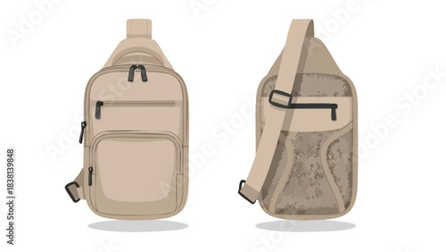 Minimalist rendition of a sling bag featuring front and side views displaying contemporary design elements and subtle earth-tone color palette