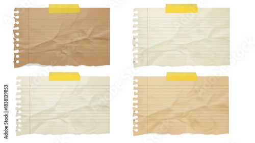 Torn lined notebook paper with yellow tape set – isolated on transparent background