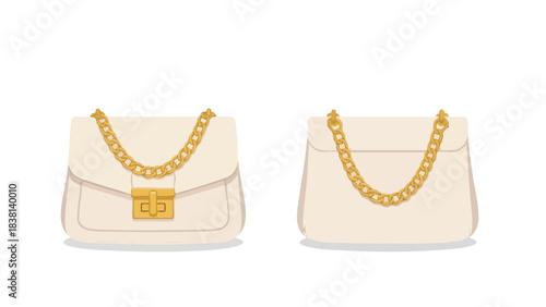 Elegant Handbag Duo: A Fashionable Pair of Cream-Colored Purses with Golden Chain Details that Exude Chic Style