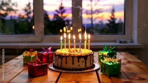Birthday Celebration with Cake and Gifts at Sunset.