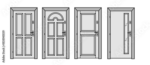 Doors with frames. Technical CAD Front drawings, set of doors in front view, for projects views - vector illustration	