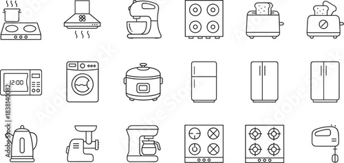 Kitchen and home appliances line icons set, cooking equipment, refrigerator, microwave, toaster, coffee maker, washing machine, modern household electronics tools