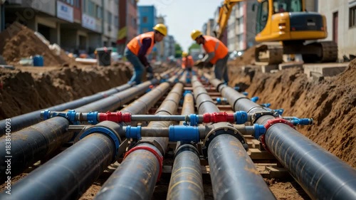 Underground pipeline construction in urban area, workers installing water and gas pipes, civil engineering project with heavy machinery, infrastructure development and utility system maintenance
