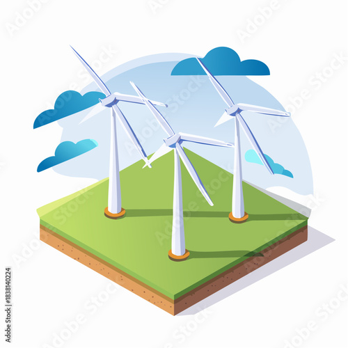 Isometric illustration of modern wind turbines generating clean, renewable energy on a green landscape with clouds, symbolizing sustainable power generation and environmental responsibility