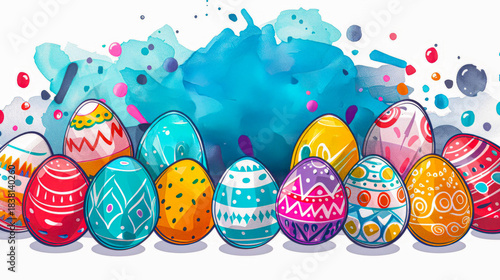 Colorful vector Easter eggs in a row with abstract patterns and geometric splash background