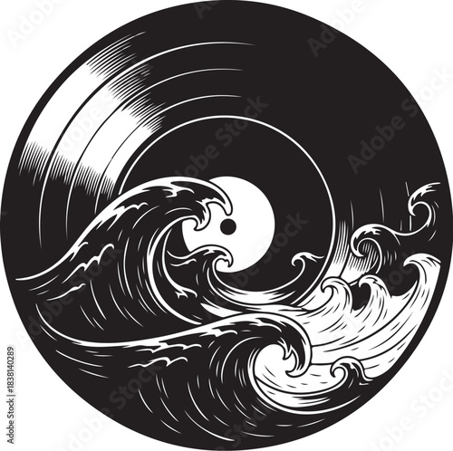 Vinyl Record With Crashing Waves Inside Circle music