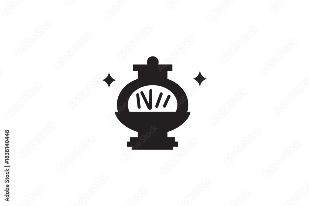 Obraz premium Apothecary jar icon with glowing potion and sparkles black silhouette on white background for design
