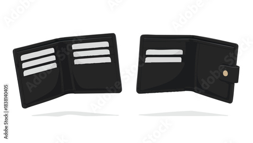 Illustration showcasing two black wallets, one open with multiple card slots and the other partially closed with a visible clasp feature