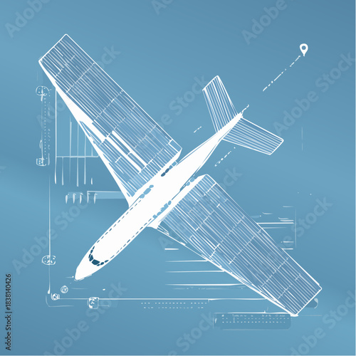 Detailed schematic blueprint illustration of a commercial passenger airplane design, showcasing intricate engineering and aerial travel concepts against a technical background