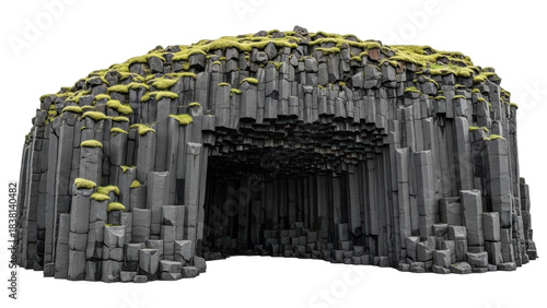 Foto Isolated hexagon basalt columns, volcanic rock formation with green moss, natura