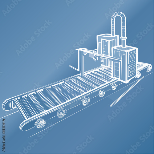 Blueprint style illustration of a modern industrial automated assembly line, featuring a conveyor belt system and robotic machinery in a precise manufacturing process for advanced production