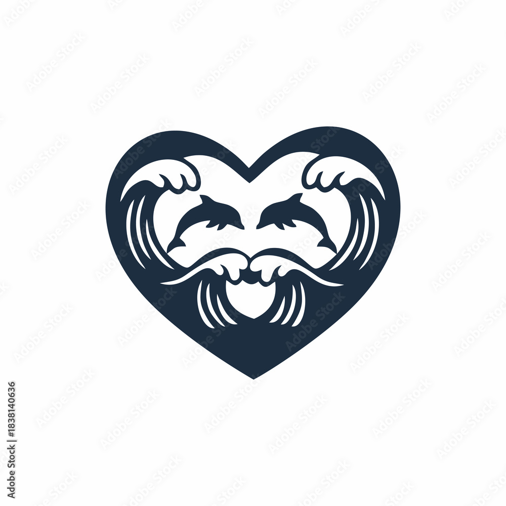 Obraz premium Heart Logo Design of Ocean Waves and two dolphins, Icon of Love of Nature and Sea