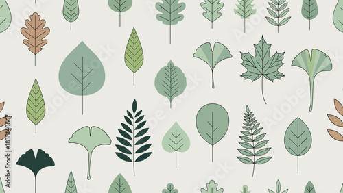 Seamless pattern of various stylized green and brown leaves on a light background, depicting different tree species.