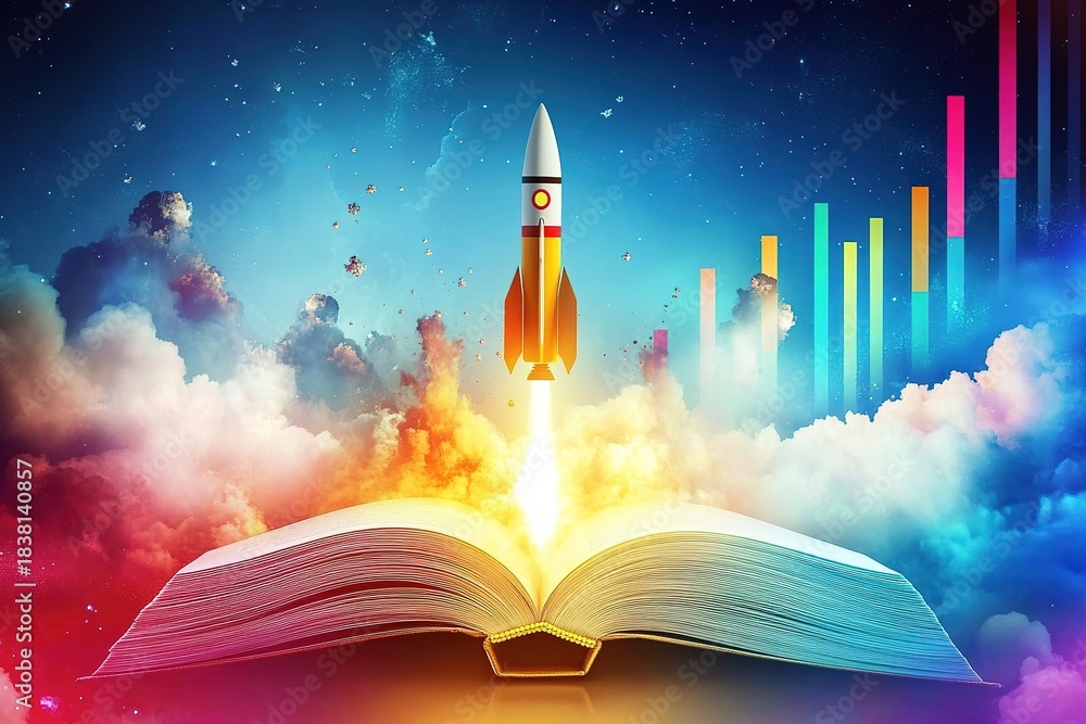 Naklejka premium of rockets glowing as they launch from the pages of an open book set against a vibrant sky with colorful clouds and an upward trending graph symbolizing innovation education growth.