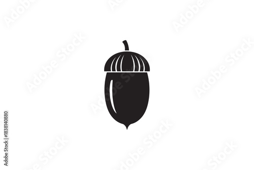 Bold black silhouette of a detailed acorn with textured cap on a clean white background