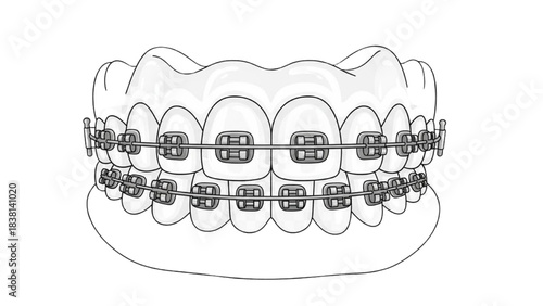 Medical illustration showcasing human teeth with orthodontic braces for dental treatment