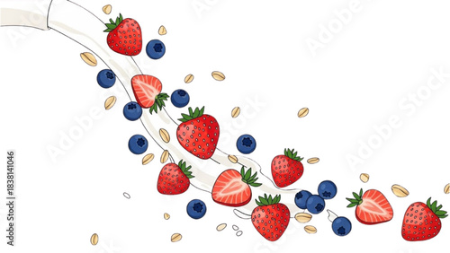 Dynamic illustration of fresh berries and oats splashing into creamy liquid pour