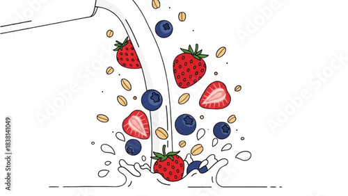 Fresh breakfast ingredients forming a decorative arch border illustration on clean white background