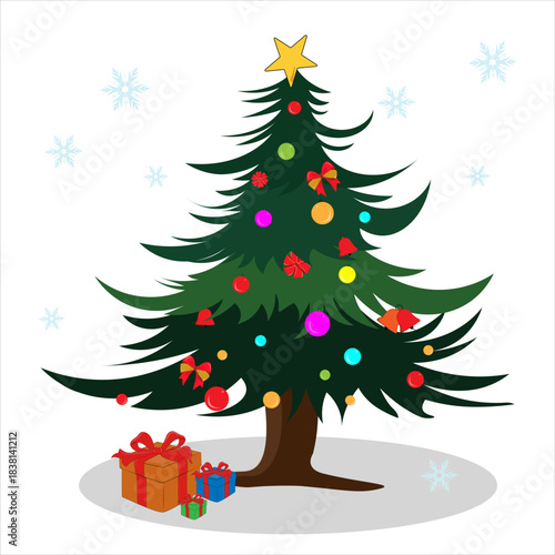 Cartoon vector illustration of a decorated Christmas tree with ornaments and a star on top and gifts on bottom Isolated on a white background