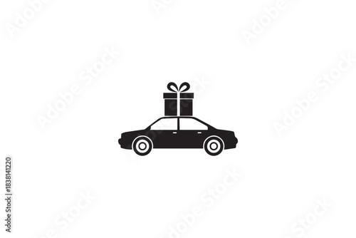 Simple silhouette of a car transporting a gift box on its roof, against a white background