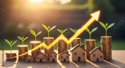 Financial success with stacked gold coins, an arrow of increasing wealth, and model houses. Investment, real estate, and financial growth concept. Small green plants growing on top of coin
