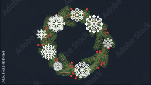 Decorative Holiday Wreath with Snowflakes and Berries on Dark Background, Top View, Festive Graphic