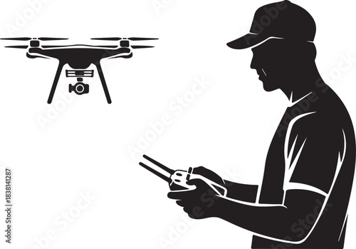 Silhouette of a man wearing a baseball cap operating a drone with a remote control vector