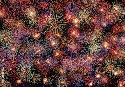 Dense pattern of multicolored fireworks bursting across dark night sky with glowing starburst effects

