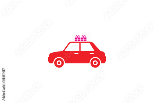 Red car icon carrying gift boxes on roof rack isolated on white background flat vector illustration