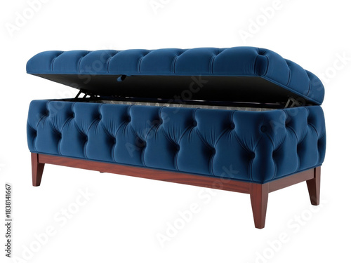 Fotografía Isolated blue velvet ottoman storage bench with lift top and wood legs for livin