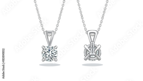 Elegant solitaire diamond pendant showcased from front and back perspective on a bright background