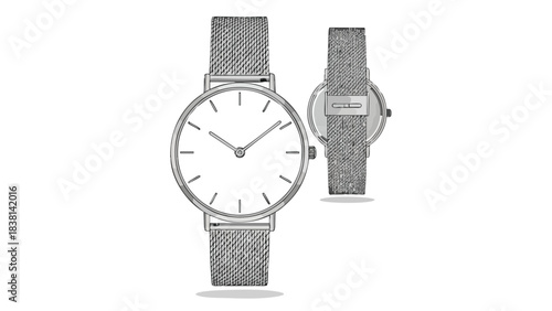 Elegant silver wristwatch with a modern minimalist design and a unique mesh strap, isolated on a pristine white background showcasing the timeless