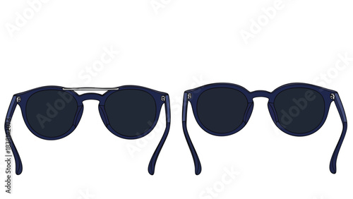 Comparison of Two Stylish Dark Blue Sunglasses with Round Lenses and Unique Frame Designs Distinctive Fashion Accessories Protecting from the Sun