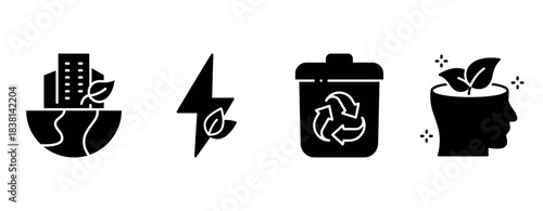 Sustainability icons: urban growth, renewable energy, recycling, eco-friendly mindset