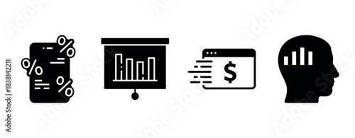 Data analysis icons: smartphone, presentation, online payment, and human head silhouette