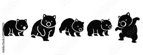 wobbly wombat silhouette icon set. Animals icons collection. Animal silhouette icons. Isolated on White background